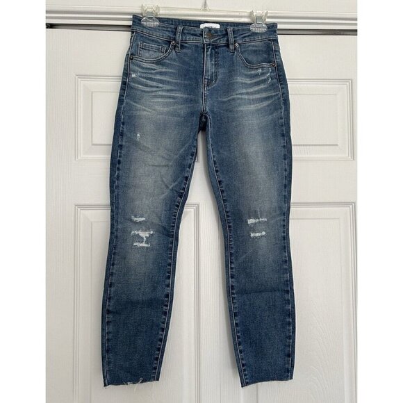 Pistola Womens Mid-Rise Whiskered Distressed Raw Hem Slim Leg Jeans Blue Size 27 - Picture 1 of 12